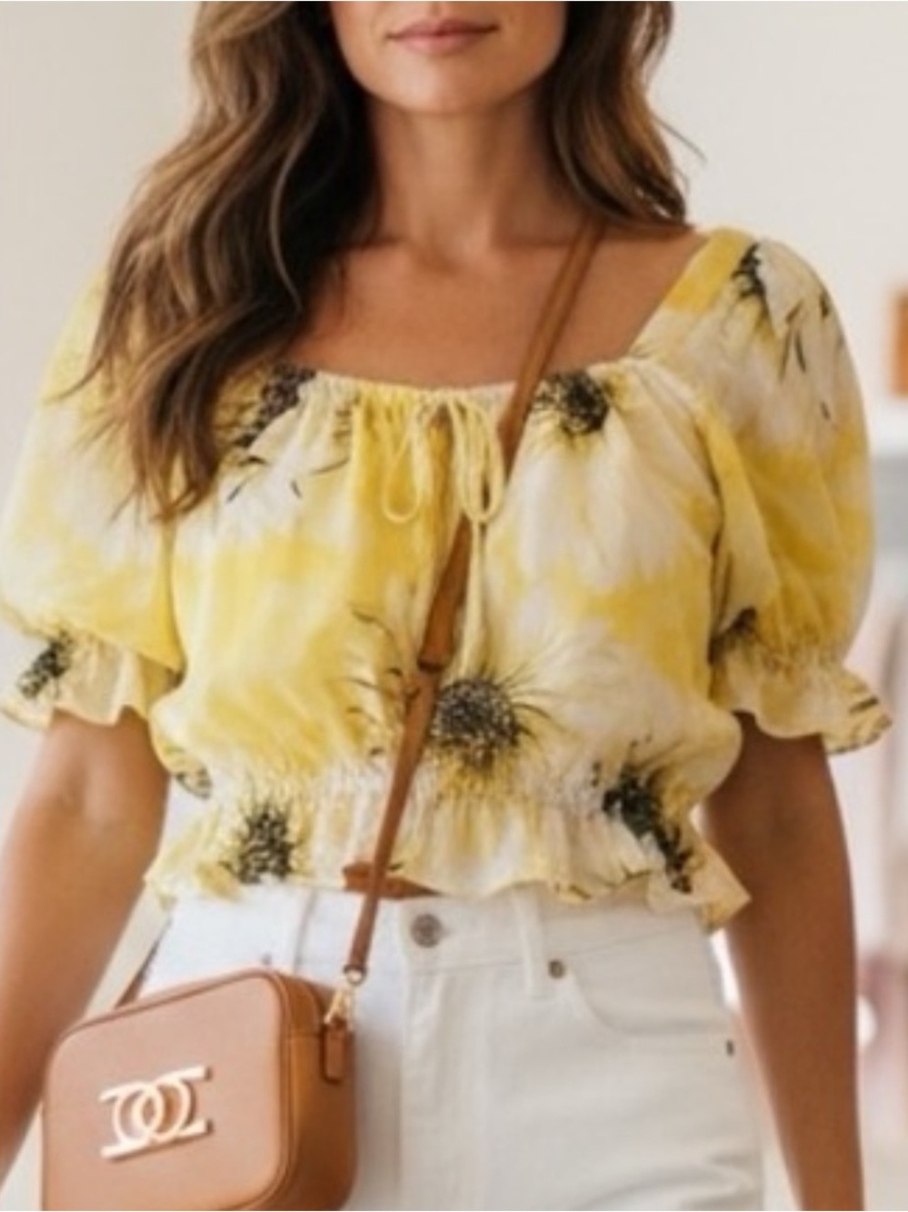 H&M Yellow Sunflower Off-Shoulder Peasant Top